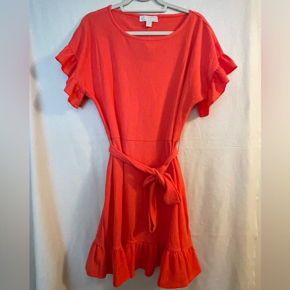 NWT MICHAEL KORS Sangria CRINKLE CREPE RUFFLE BELT FLUTTER SLEEVE DRESS Large